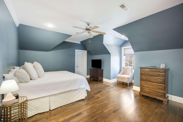 bedroom featuring baseboards, visible vents, a ceiling fan, lofted ceiling, and wood finished floors