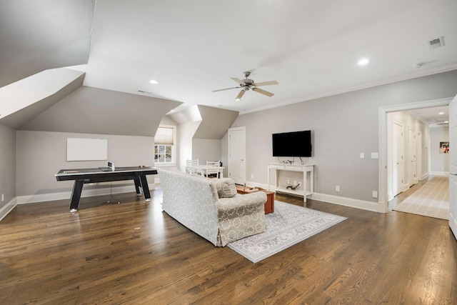 living room featuring dark wood-style flooring, lofted ceiling, visible vents, ceiling fan, and baseboards