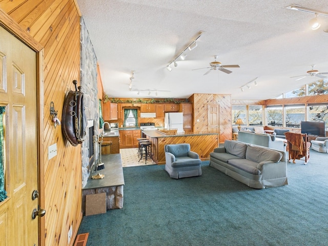 carpeted living area featuring ceiling fan, wooden walls, visible vents, and a textured ceiling