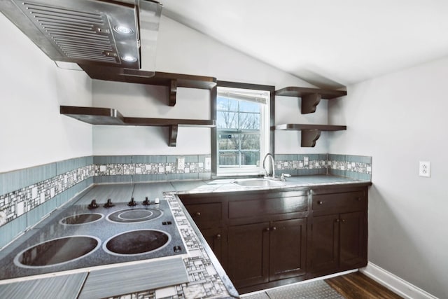 kitchen featuring dark brown cabinets, vaulted ceiling, open shelves, and a sink