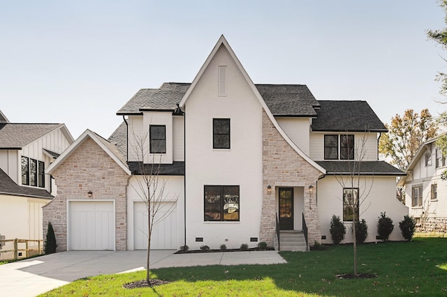 view of front facade featuring driveway, a garage, stone siding, roof with shingles, and a front lawn