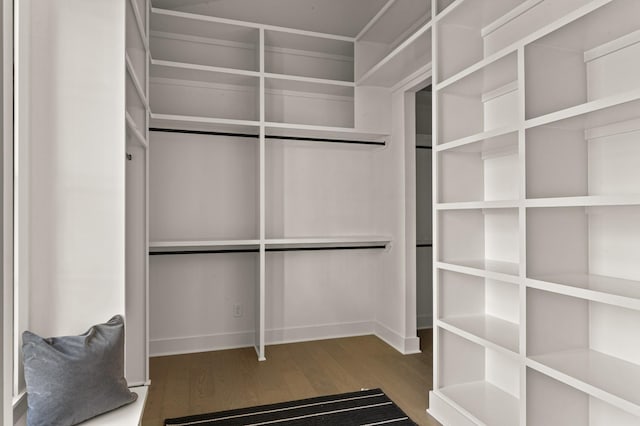 walk in closet with wood finished floors