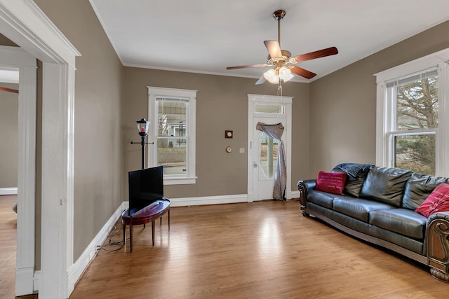 living area featuring crown molding, light wood-style floors, baseboards, and ceiling fan