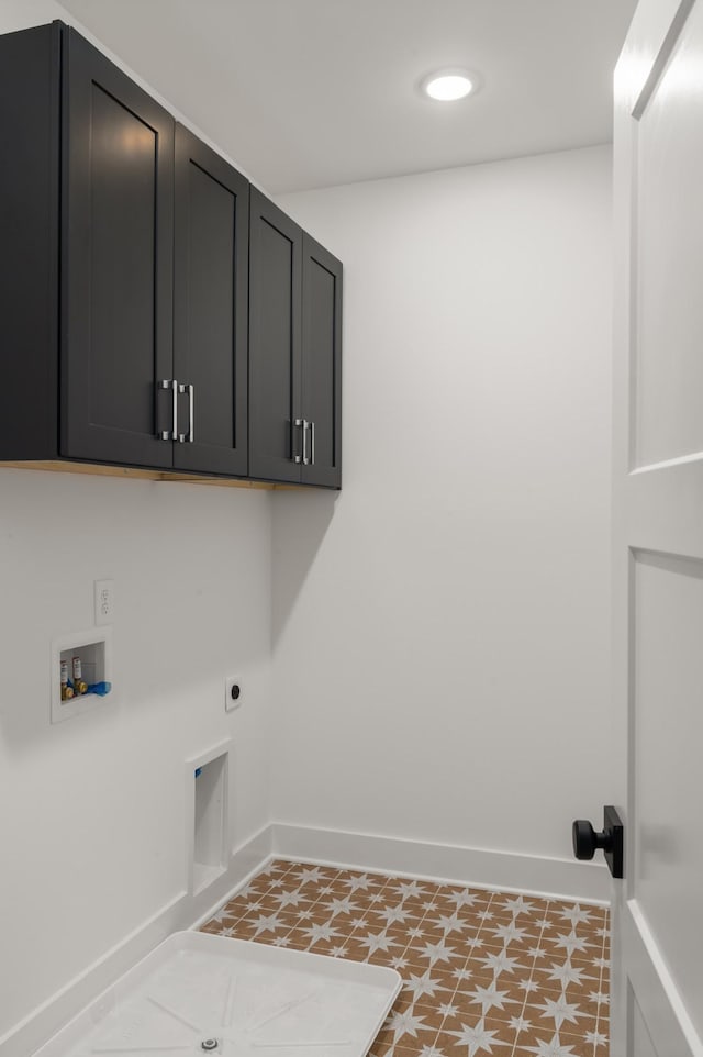 washroom featuring cabinet space, baseboards, hookup for a washing machine, hookup for an electric dryer, and recessed lighting