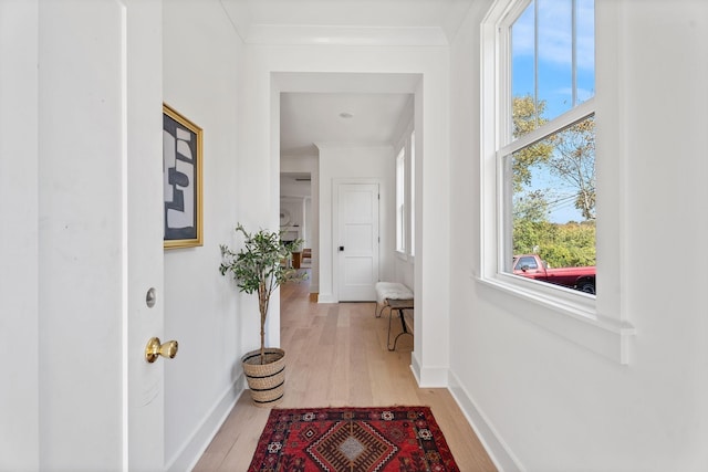 hallway featuring ornamental molding, light wood finished floors, and baseboards