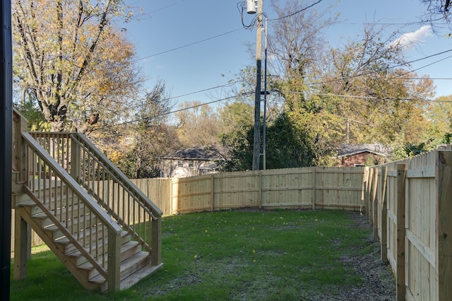 view of yard with stairway and a fenced backyard