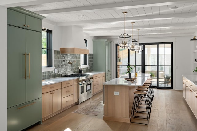 kitchen with decorative backsplash, premium appliances, a healthy amount of sunlight, premium range hood, and green cabinetry