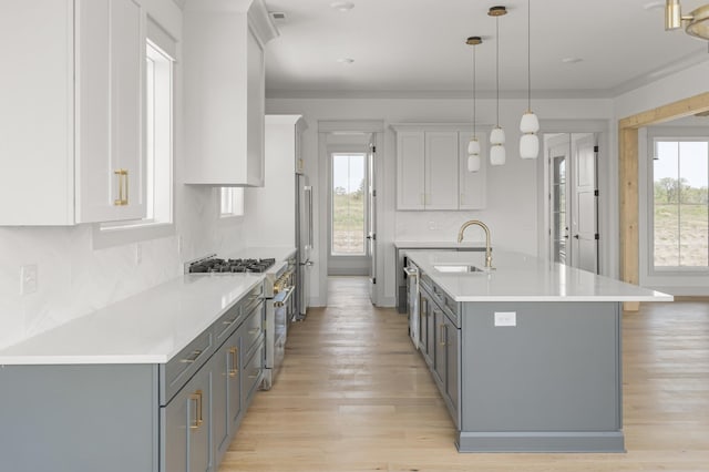 kitchen with a wealth of natural light, high quality appliances, gray cabinets, and a sink