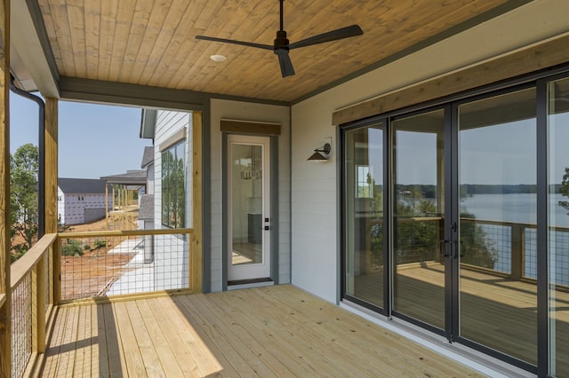 deck featuring ceiling fan and a water view