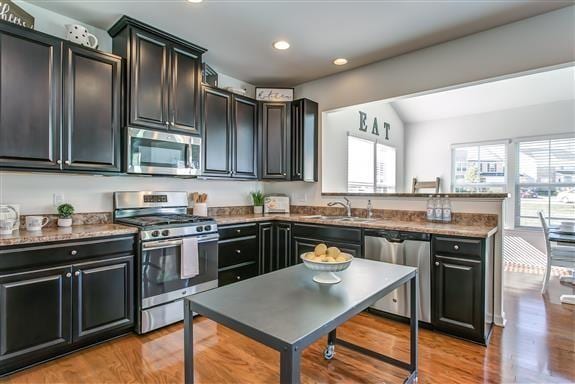 kitchen with light wood-type flooring, a peninsula, stainless steel appliances, and a sink