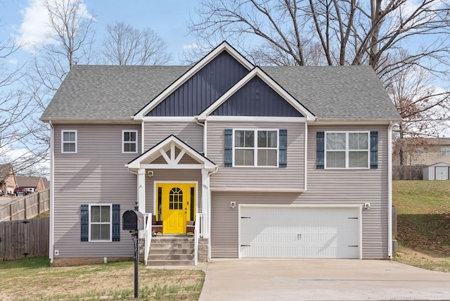 view of front of house featuring driveway, an attached garage, fence, and roof with shingles