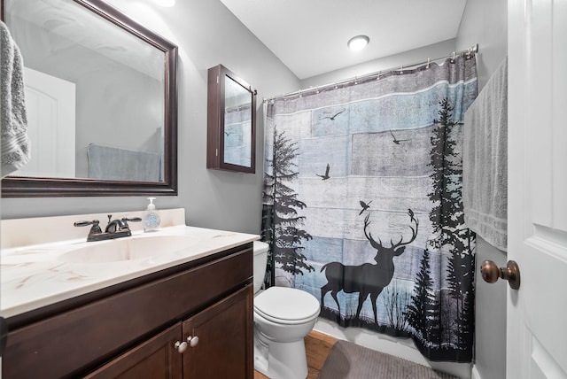 full bath with toilet, wood finished floors, vanity, and a shower with curtain