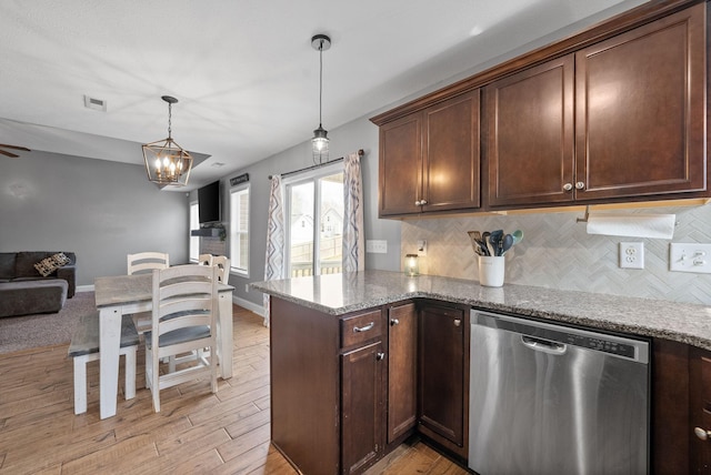 kitchen with light stone counters, a peninsula, open floor plan, decorative backsplash, and dishwasher