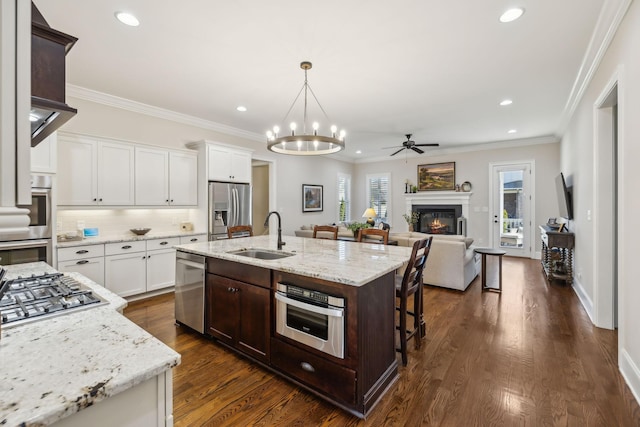 kitchen with crown molding, stainless steel appliances, a glass covered fireplace, a sink, and dark brown cabinetry