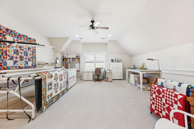 carpeted bedroom with a ceiling fan, recessed lighting, and vaulted ceiling