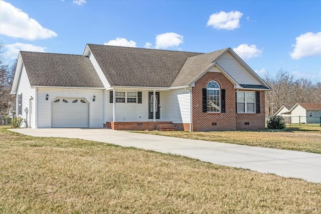 single story home with a garage, driveway, roof with shingles, crawl space, and a front lawn