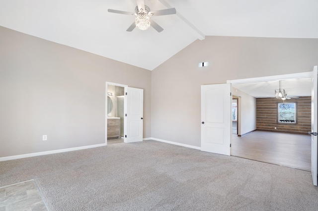 unfurnished bedroom with carpet flooring, high vaulted ceiling, beamed ceiling, baseboards, and a ceiling fan