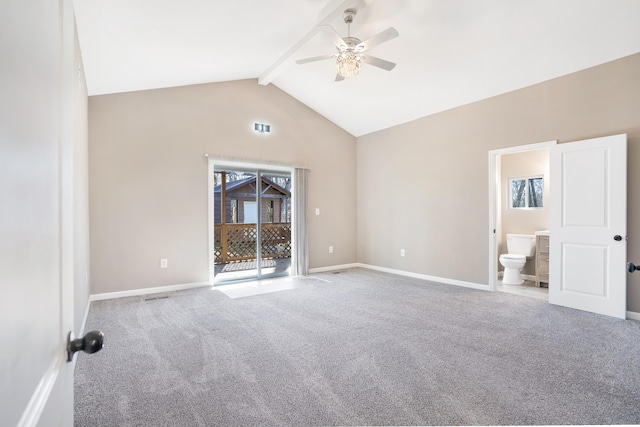 unfurnished room with carpet flooring, high vaulted ceiling, beamed ceiling, baseboards, and a ceiling fan