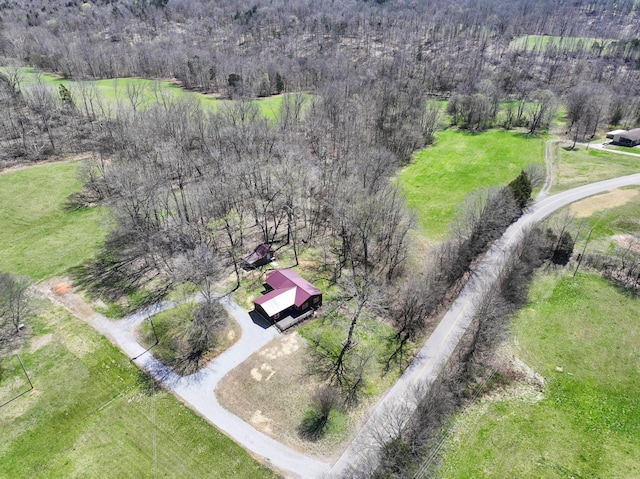 bird's eye view with a wooded view