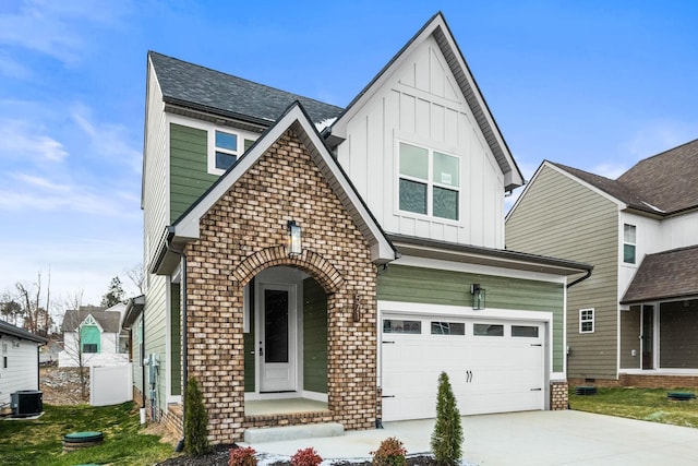 view of front of house featuring cooling unit, brick siding, a shingled roof, driveway, and board and batten siding