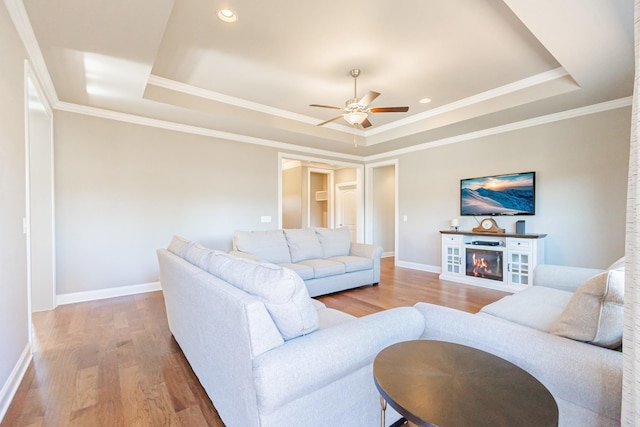 living area featuring baseboards, a raised ceiling, wood finished floors, and a glass covered fireplace