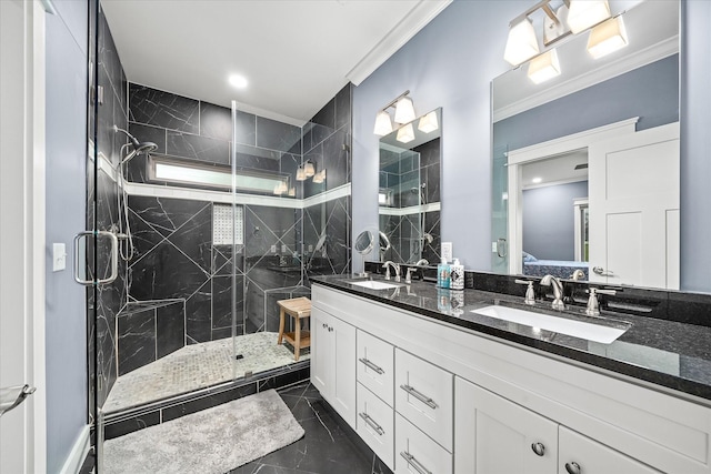 ensuite bathroom featuring double vanity, ensuite bath, ornamental molding, a shower stall, and a sink