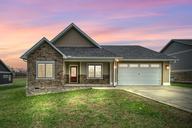 view of front facade featuring a garage, a shingled roof, concrete driveway, a front lawn, and board and batten siding