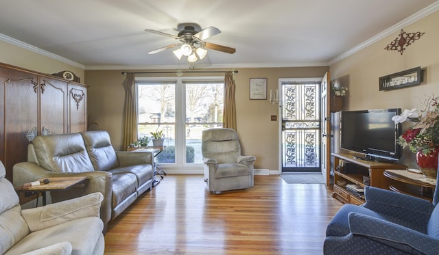 living area featuring light wood-type flooring, ceiling fan, and crown molding