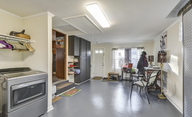 kitchen featuring washer / dryer, concrete floors, open shelves, and crown molding