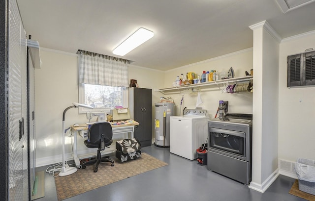 laundry room featuring laundry area, visible vents, baseboards, water heater, and washer and dryer