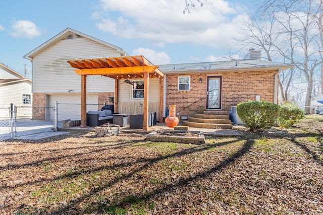 view of front facade featuring entry steps, a fire pit, brick siding, a gate, and a pergola