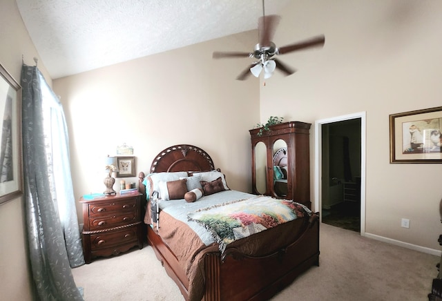 bedroom with baseboards, light colored carpet, ceiling fan, and vaulted ceiling