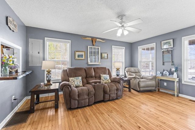 living room featuring hardwood / wood-style floors, a ceiling fan, a textured ceiling, electric panel, and baseboards