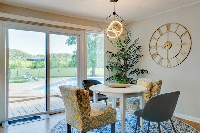 dining room with a chandelier, baseboards, and wood finished floors