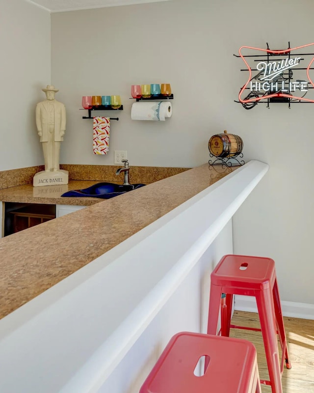 interior space with wood finished floors, a sink, and baseboards