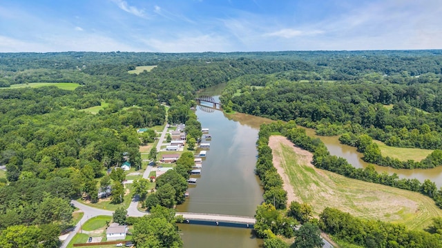 bird's eye view with a water view and a forest view