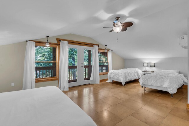 bedroom with access to outside, vaulted ceiling, a ceiling fan, and french doors