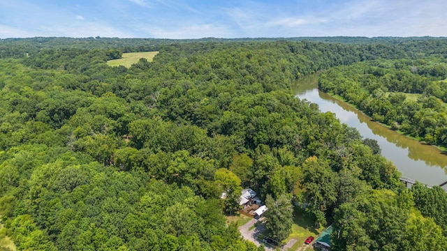 bird's eye view featuring a water view and a view of trees