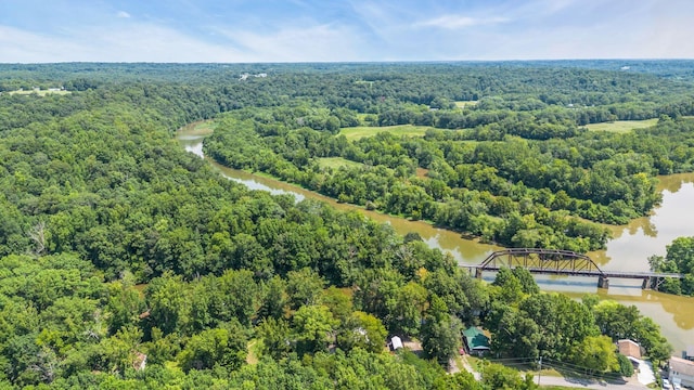 drone / aerial view with a water view and a view of trees