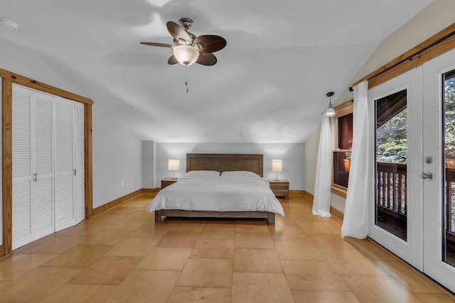 bedroom with lofted ceiling, access to exterior, ceiling fan, and baseboards