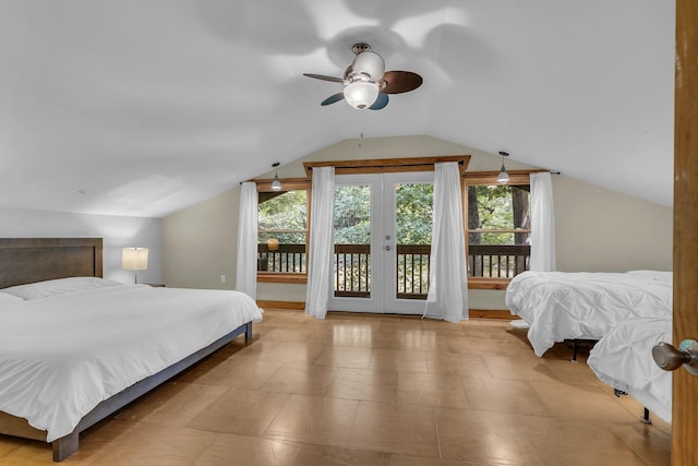 bedroom with access to exterior, ceiling fan, vaulted ceiling, and french doors