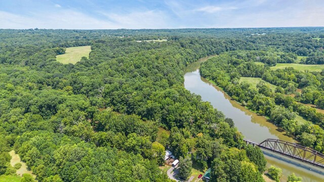 bird's eye view featuring a water view and a wooded view