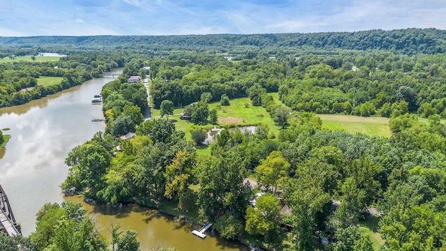 aerial view featuring a water view and a wooded view