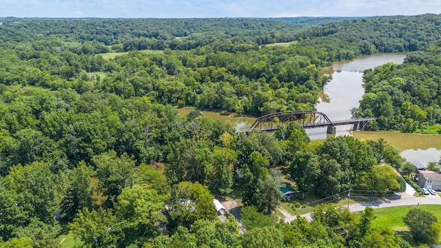 aerial view with a water view and a view of trees