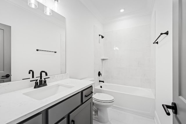 bathroom with ornamental molding, shower / tub combination, vanity, and toilet