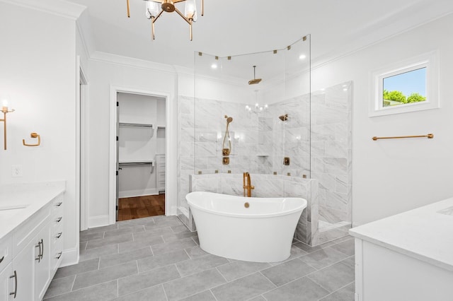 bathroom featuring a walk in shower, crown molding, and vanity