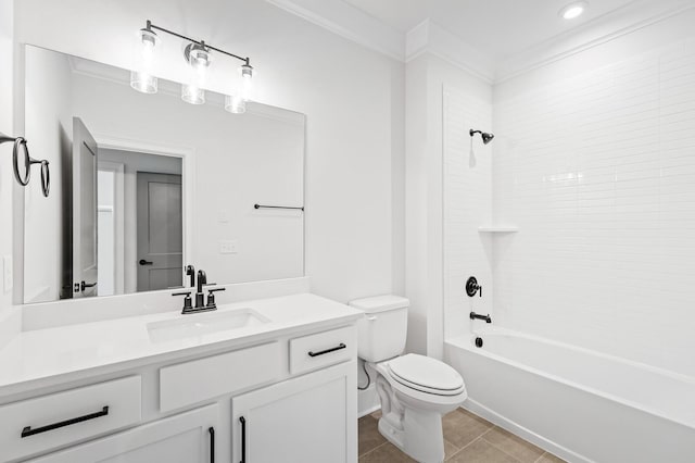 full bathroom with toilet, ornamental molding, tile patterned floors, bathtub / shower combination, and vanity