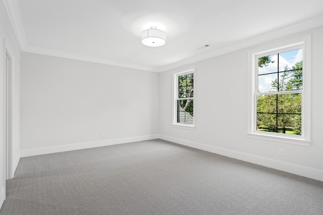 spare room with baseboards, visible vents, ornamental molding, and carpet flooring