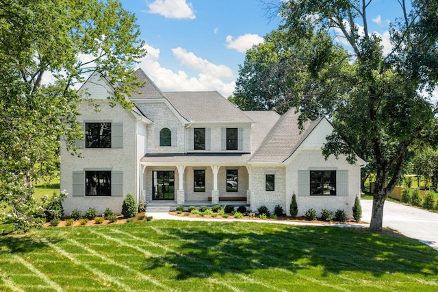 french country home with stone siding, a shingled roof, and a front yard