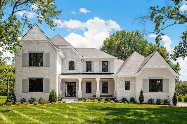 french provincial home with a front yard, stone siding, and roof with shingles